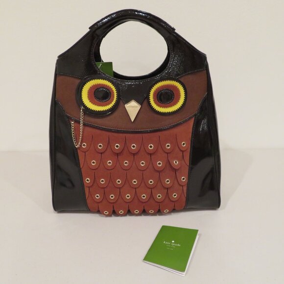 Women Handheld Brown Owl Patent Leather Suede Purse Bag Kate Spade Maximillian - Picture 7 of 16